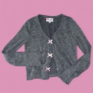 Betsey Johnson grey cardigan with pink bows and buttons.